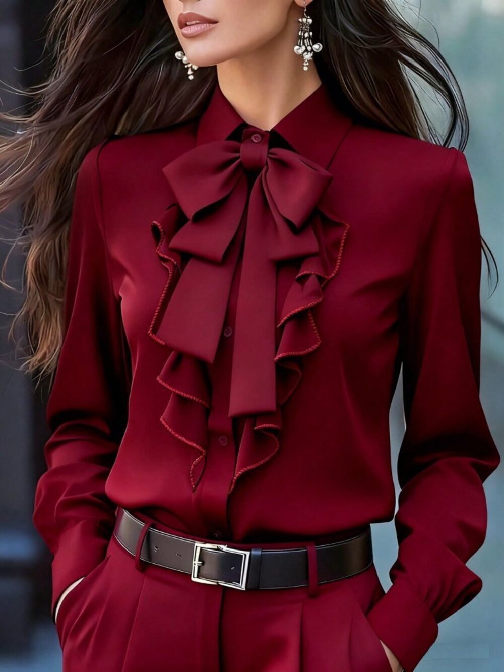Burgundy Elegant Women's Long Sleeve Blouse with Tie Collar, Ruffle-Bow
